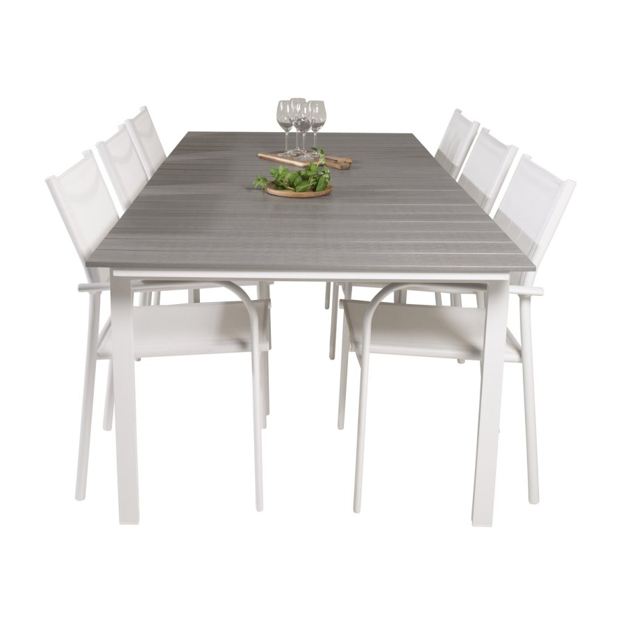 VENTURE DESIGN havest, m. Levels bord, m. udtrk og 6 Santorini stole, m. armln - aintwood/alu 