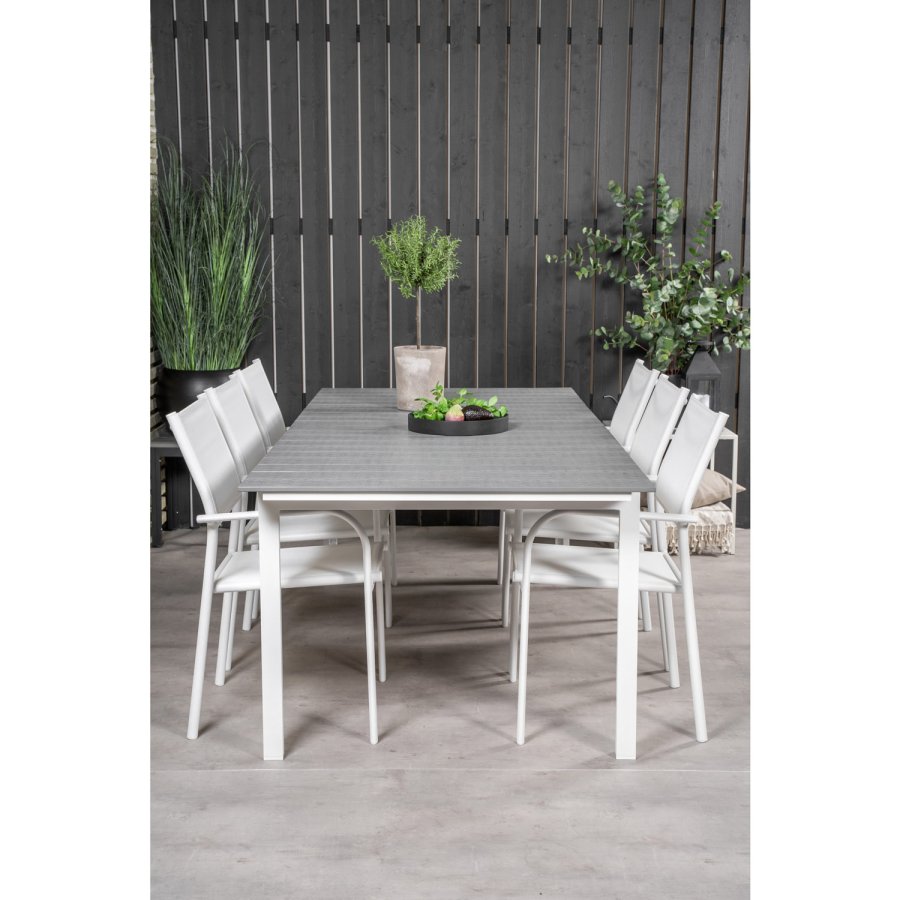 VENTURE DESIGN havest, m. Levels bord, m. udtrk og 6 Santorini stole, m. armln - aintwood/alu 