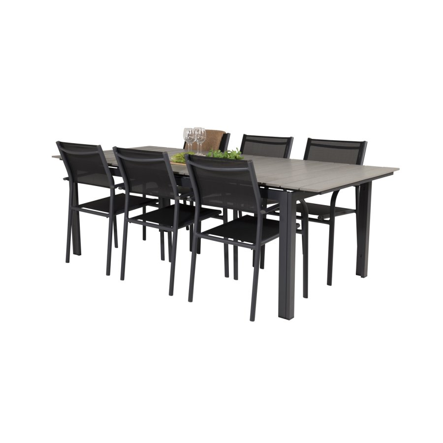 VENTURE DESIGN havest, m. Levels bord, m. udtrk og 6 Santorini stole, m. armln - aintwood/alu