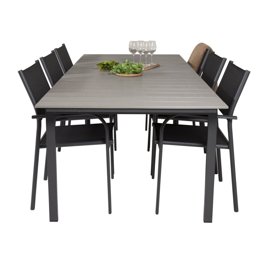 VENTURE DESIGN havest, m. Levels bord, m. udtrk og 6 Santorini stole, m. armln - aintwood/alu