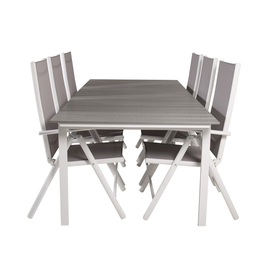 VENTURE DESIGN havest, m. Levels bord, m. udtrk og 6 Break 5:pos. stole - aintwood/alu/textilene