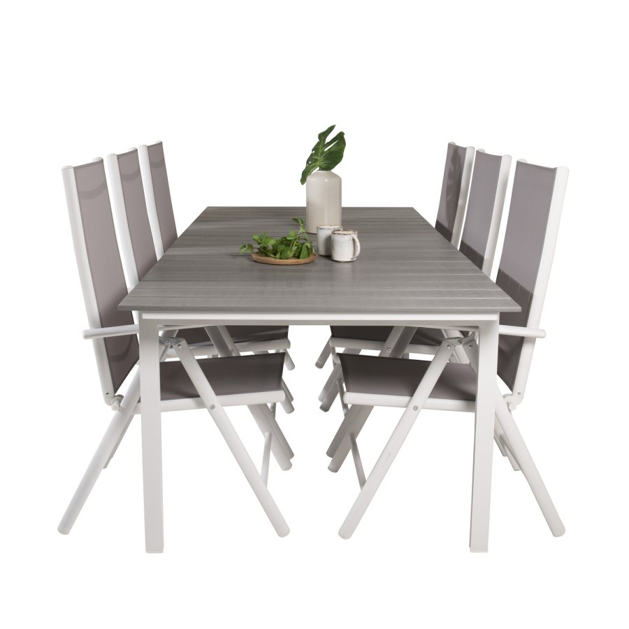 VENTURE DESIGN havest, m. Levels bord, m. udtrk og 6 Break 5:pos. stole - aintwood/alu/textilene