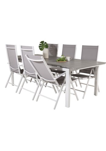 VENTURE DESIGN havest, m. Levels bord, m. udtrk og 6 Break 5:pos. stole - aintwood/alu/textilene