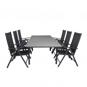 VENTURE DESIGN havest, m. Levels bord, m. udtrk og 6 Break 5:pos. stole - aintwood/alu/textilene