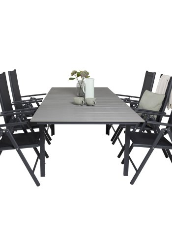 VENTURE DESIGN havest, m. Levels bord, m. udtrk og 6 Break 5:pos. stole - aintwood/alu/textilene