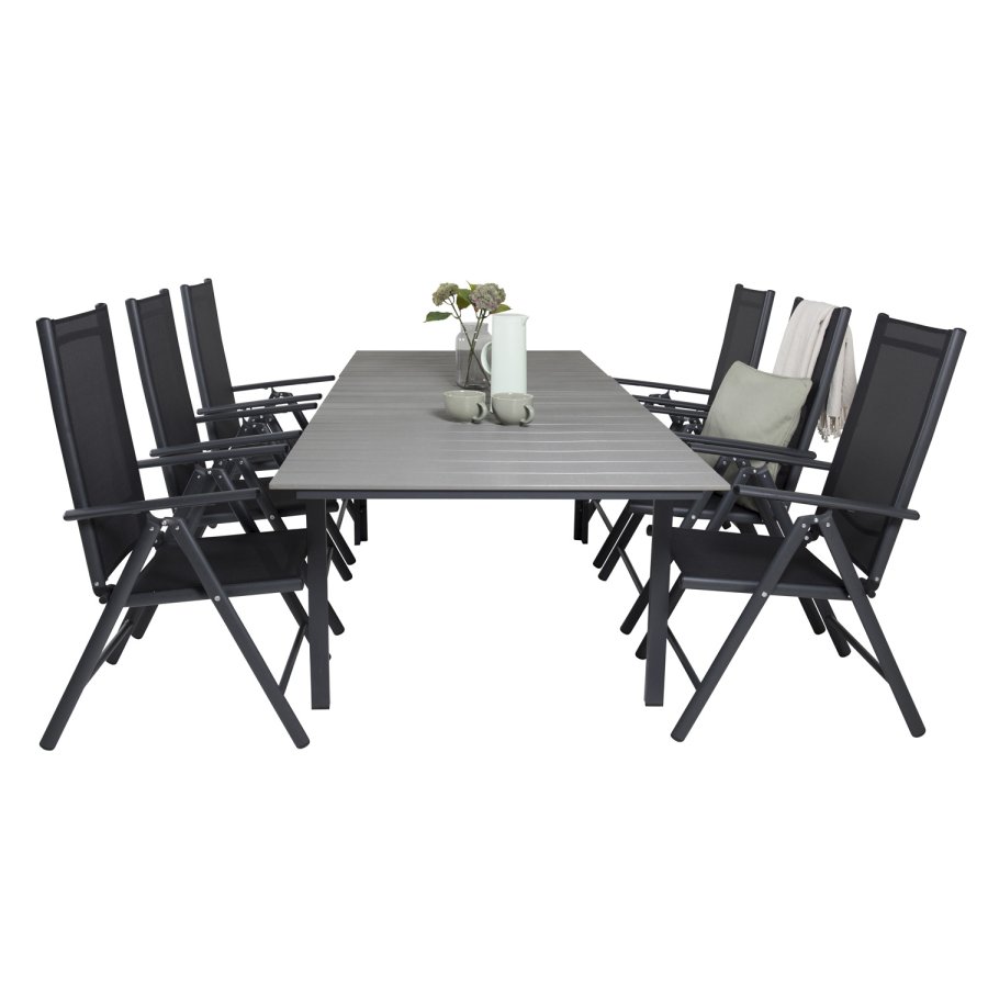 VENTURE DESIGN havest, m. Levels bord, m. udtrk og 6 Break 5:pos. stole - aintwood/alu/textilene