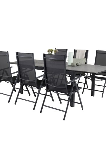 VENTURE DESIGN havest, m. Levels bord, m. udtrk og 6 Break 5:pos. stole - aintwood/alu/textilene