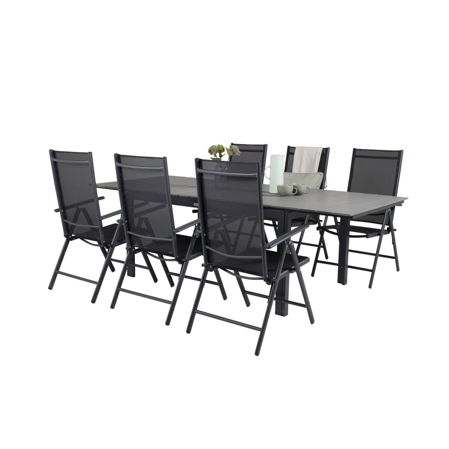 VENTURE DESIGN havest, m. Levels bord, m. udtrk og 6 Break 5:pos. stole - aintwood/alu/textilene