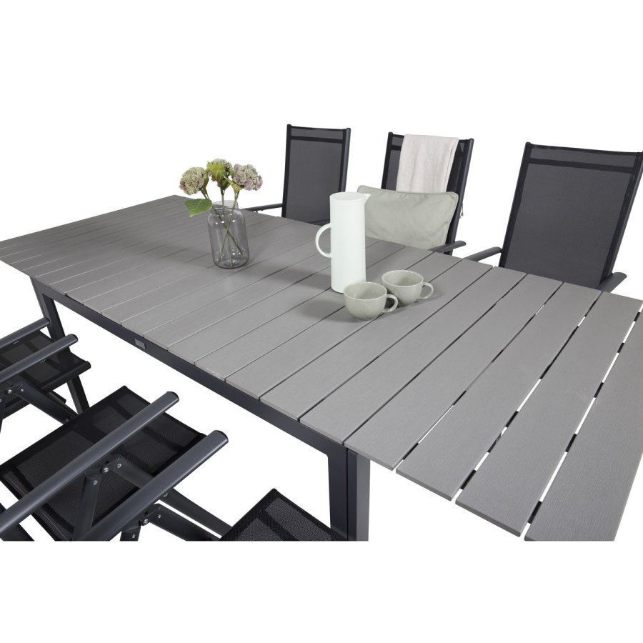 VENTURE DESIGN havest, m. Levels bord, m. udtrk og 6 Break 5:pos. stole - aintwood/alu/textilene