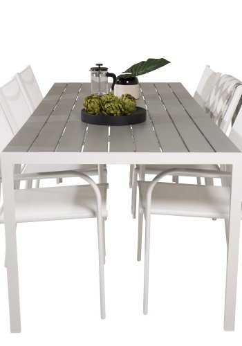 VENTURE DESIGN havest, m. Break bord (205x90) og 6 Santorini stole, m. armln - aintwood/alu