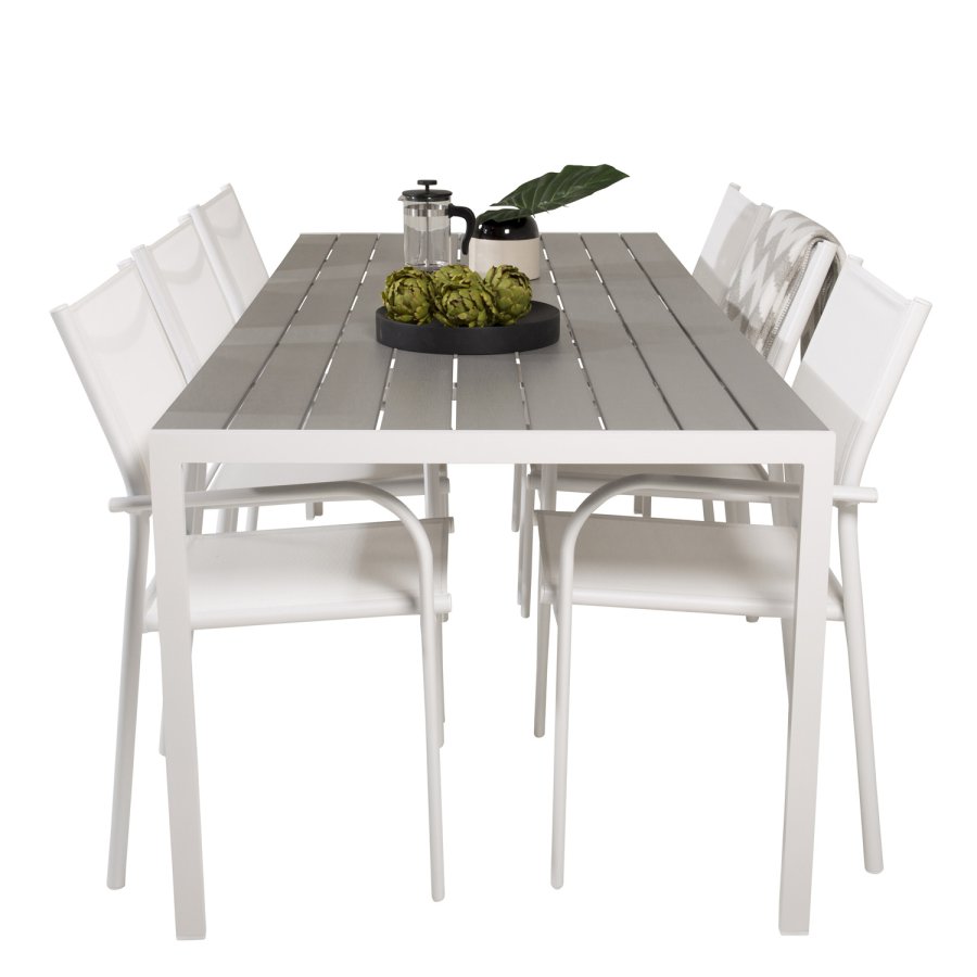 VENTURE DESIGN havest, m. Break bord (205x90) og 6 Santorini stole, m. armln - aintwood/alu