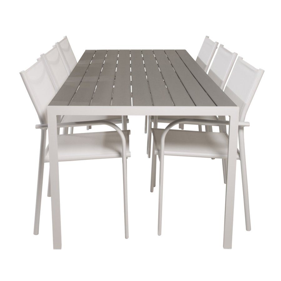 VENTURE DESIGN havest, m. Break bord (205x90) og 6 Santorini stole, m. armln - aintwood/alu