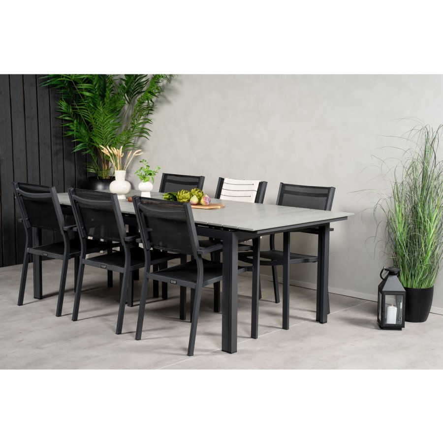 VENTURE DESIGN havest, m. Levels bord, m. udtrk og 6 Copacabana stole, m. armln - aintwood/alu