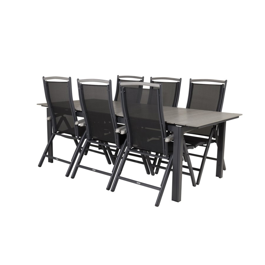 VENTURE DESIGN havest, m. Levels bord, m. udtrk og 6 Albany 5:pos. stole - aintwood/alu/textilene