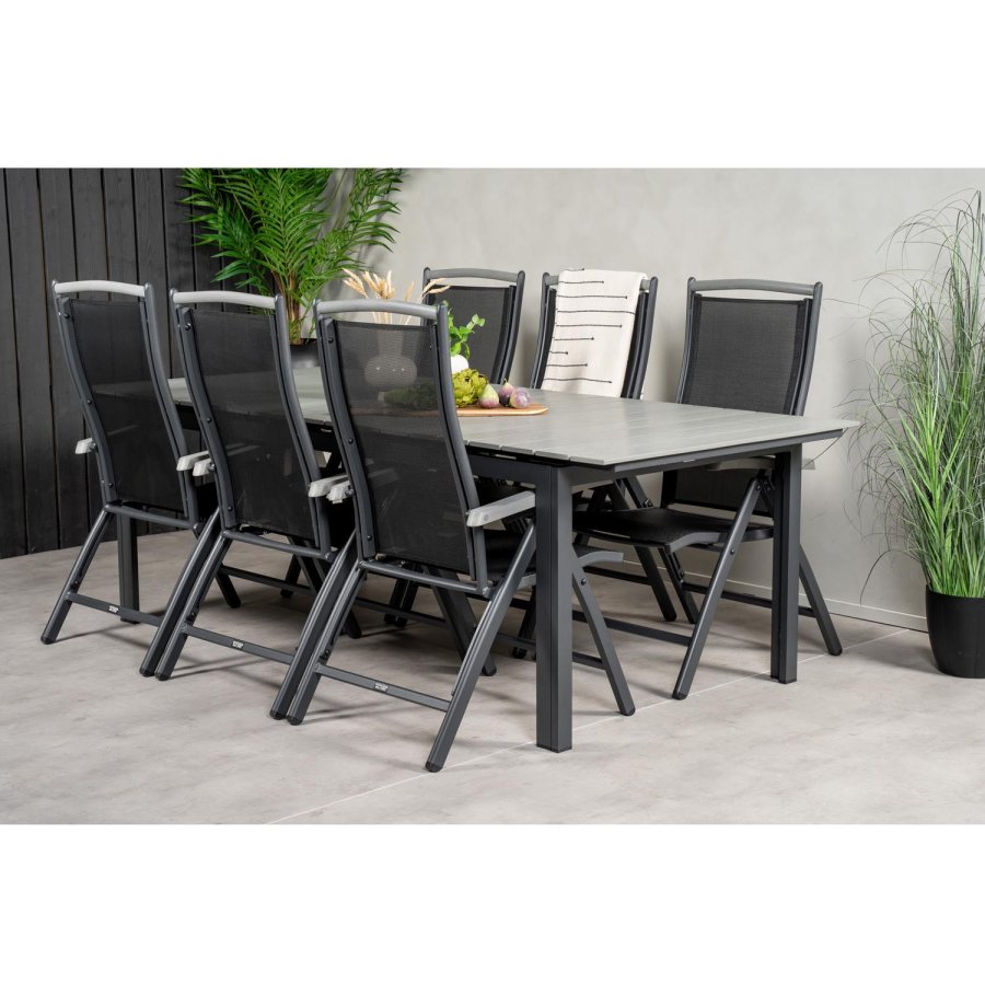 VENTURE DESIGN havest, m. Levels bord, m. udtrk og 6 Albany 5:pos. stole - aintwood/alu/textilene