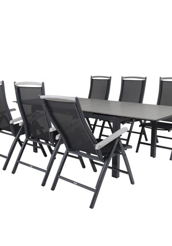 VENTURE DESIGN havest, m. Levels bord, m. udtrk og 6 Albany 5:pos. stole - aintwood/alu/textilene