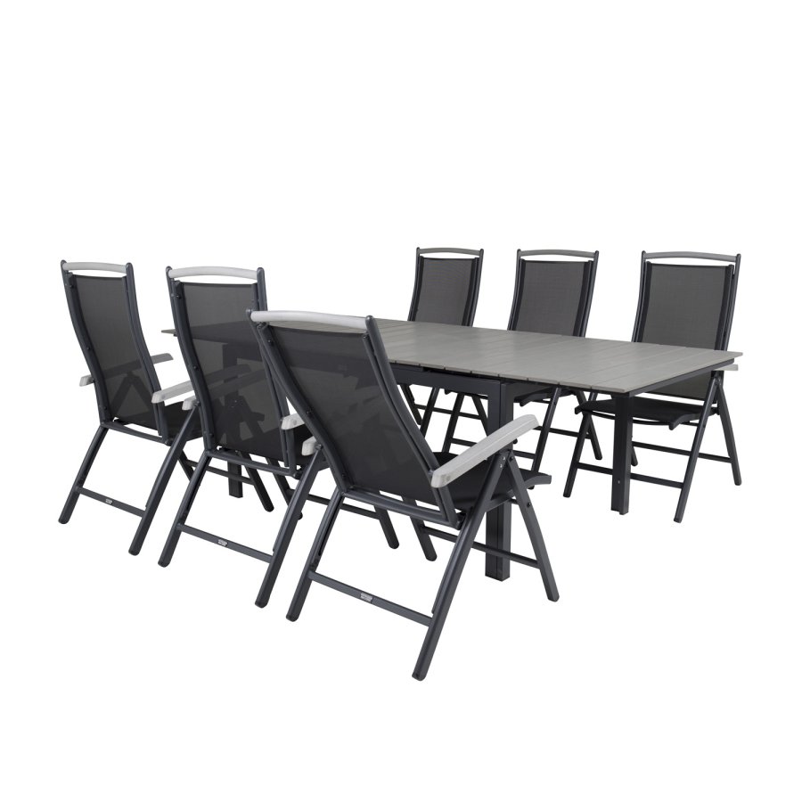 VENTURE DESIGN havest, m. Levels bord, m. udtrk og 6 Albany 5:pos. stole - aintwood/alu/textilene