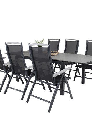 VENTURE DESIGN havest, m. Levels bord, m. udtrk og 6 Albany 5:pos. stole - aintwood/alu/textilene