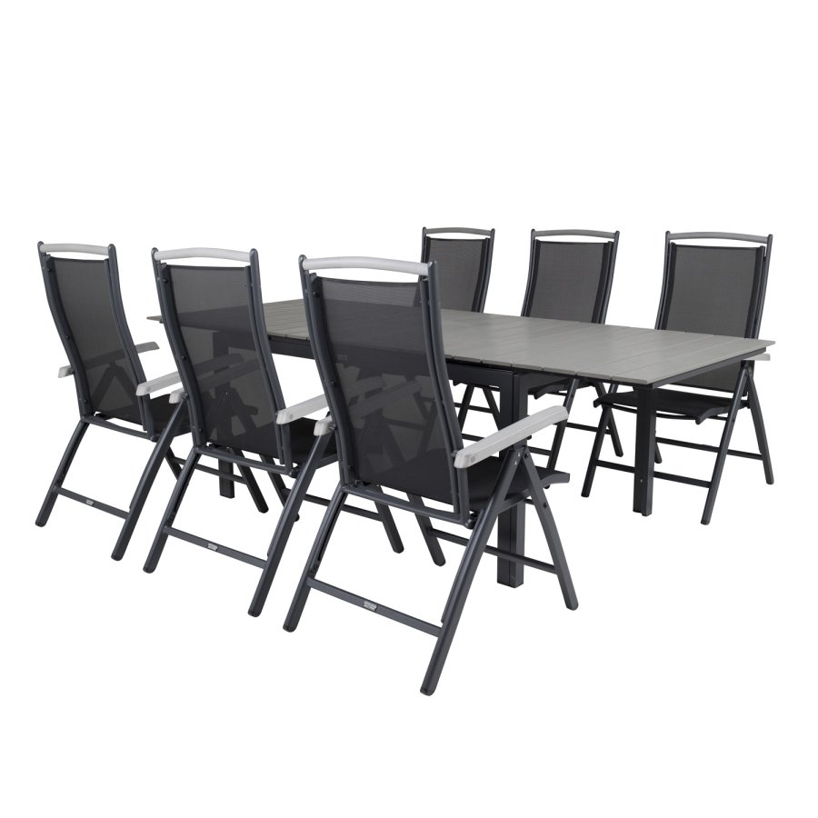 VENTURE DESIGN havest, m. Levels bord, m. udtrk og 6 Albany 5:pos. stole - aintwood/alu/textilene