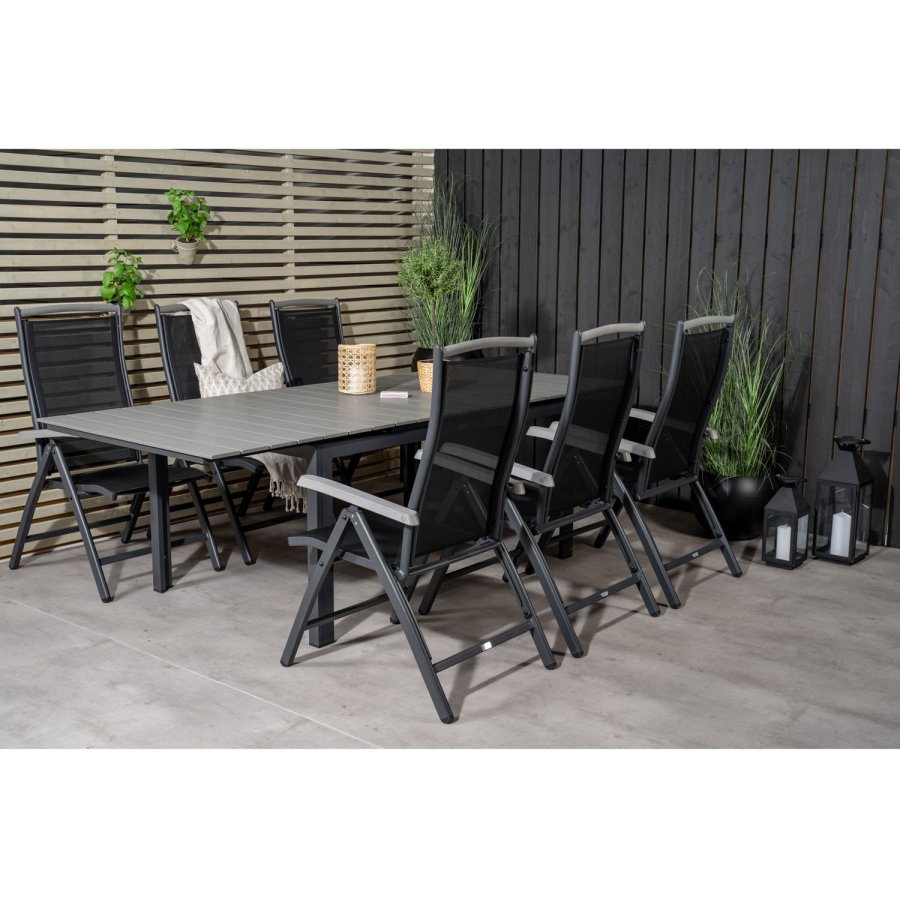 VENTURE DESIGN havest, m. Levels bord, m. udtrk og 6 Albany 5:pos. stole - aintwood/alu/textilene