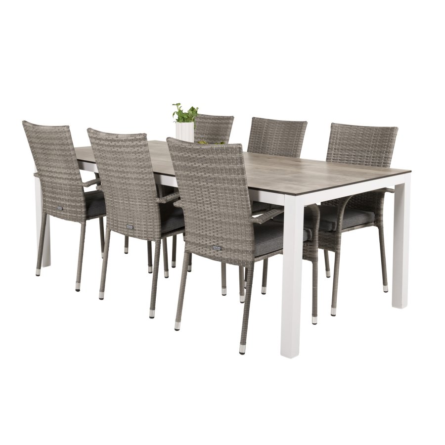 VENTURE DESIGN havest, m. Llama bord (205x100) og 6 Anna stole, m. armln - laminat/alu/rattan 