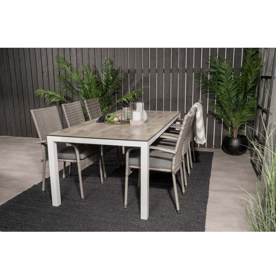 VENTURE DESIGN havest, m. Llama bord (205x100) og 6 Anna stole, m. armln - laminat/alu/rattan 