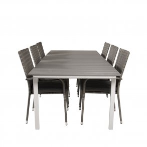 VENTURE DESIGN havest, m. Levels bord, m. udtrk og 6 Anna stole, m. armln - aintwood/alu