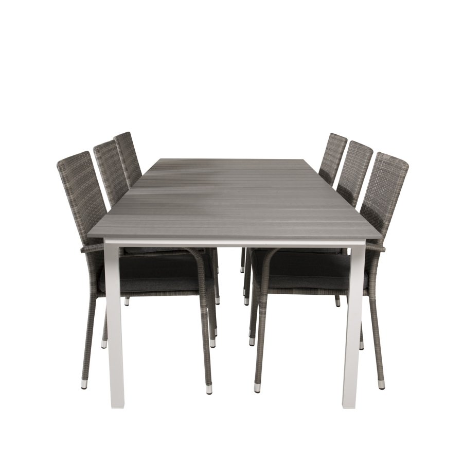 VENTURE DESIGN havest, m. Levels bord, m. udtrk og 6 Anna stole, m. armln - aintwood/alu