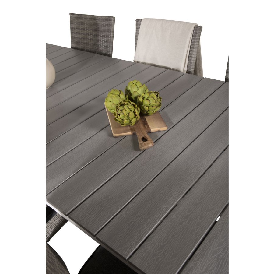 VENTURE DESIGN havest, m. Levels bord, m. udtrk og 6 Anna stole, m. armln - aintwood/alu