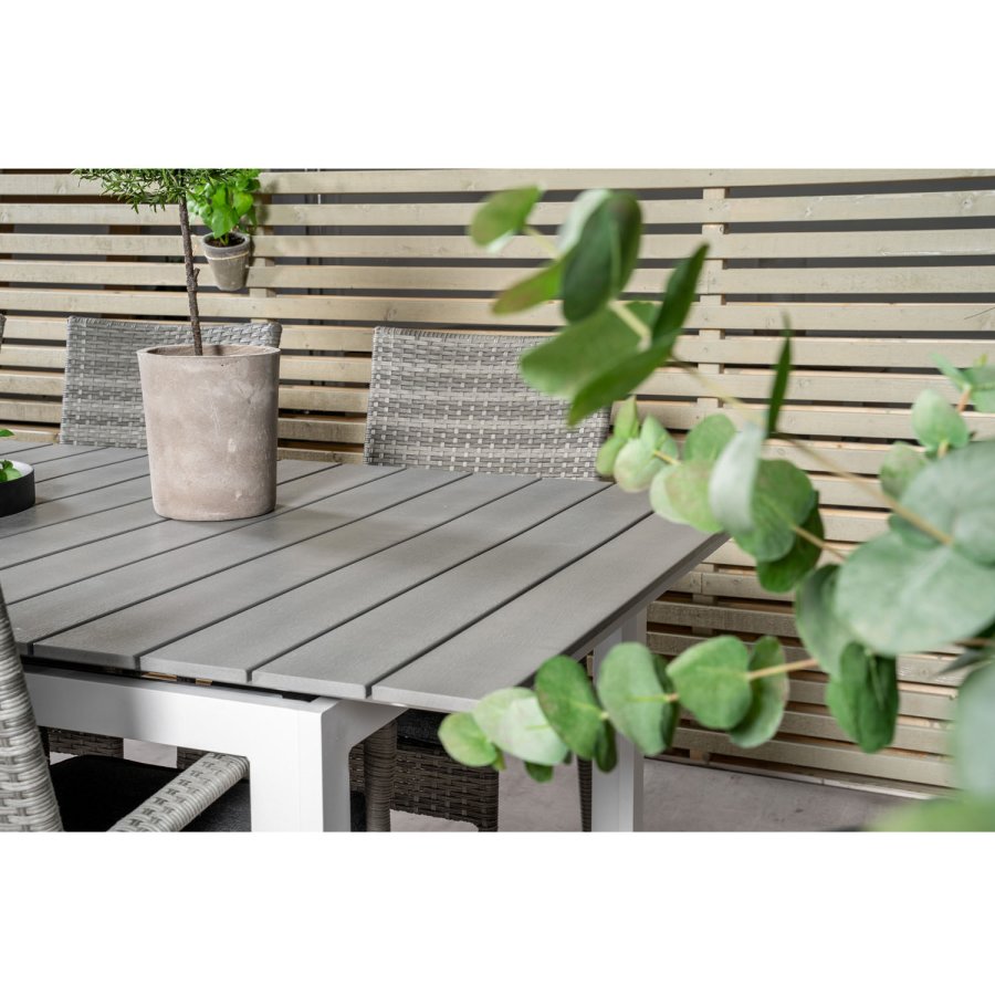 VENTURE DESIGN havest, m. Levels bord, m. udtrk og 6 Anna stole, m. armln - aintwood/alu