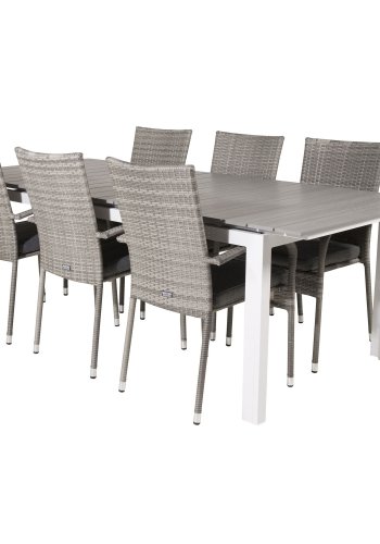 VENTURE DESIGN havest, m. Levels bord, m. udtrk og 6 Anna stole, m. armln - aintwood/alu