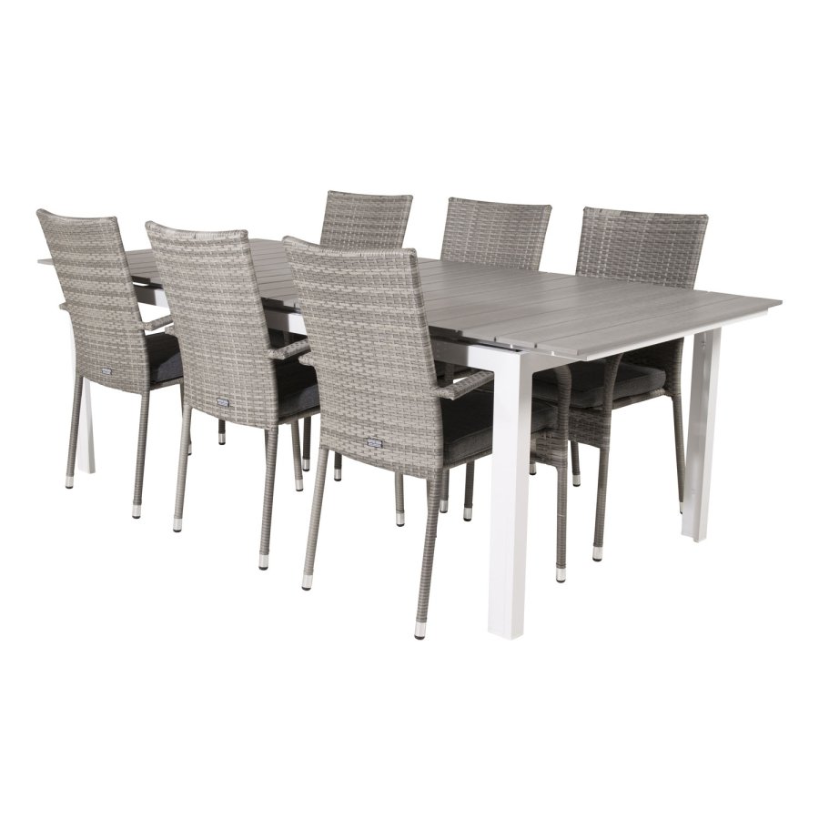 VENTURE DESIGN havest, m. Levels bord, m. udtrk og 6 Anna stole, m. armln - aintwood/alu