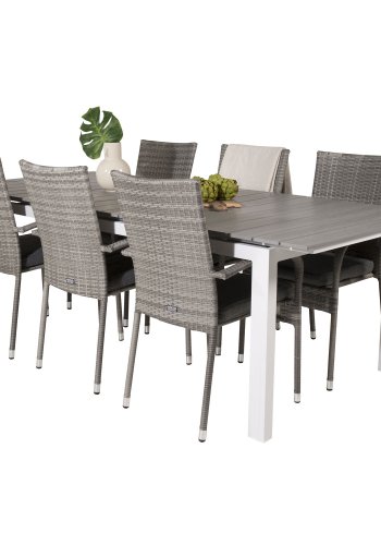 VENTURE DESIGN havest, m. Levels bord, m. udtrk og 6 Anna stole, m. armln - aintwood/alu