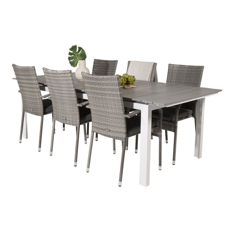 VENTURE DESIGN havest, m. Levels bord, m. udtrk og 6 Anna stole, m. armln - aintwood/alu