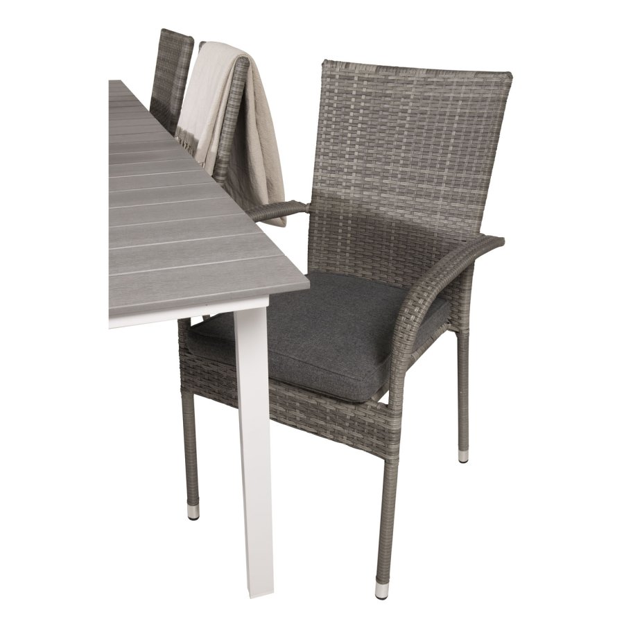 VENTURE DESIGN havest, m. Levels bord, m. udtrk og 6 Anna stole, m. armln - aintwood/alu