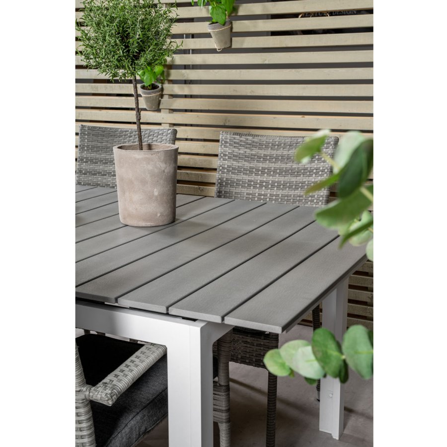 VENTURE DESIGN havest, m. Levels bord, m. udtrk og 6 Anna stole, m. armln - aintwood/alu