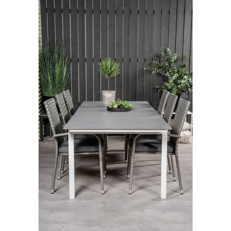 VENTURE DESIGN havest, m. Levels bord, m. udtrk og 6 Anna stole, m. armln - aintwood/alu