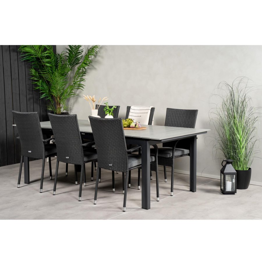 VENTURE DESIGN havest, m. Levels bord, m. udtrk og 6 Anna stole, m. armln - aintwood/rattan