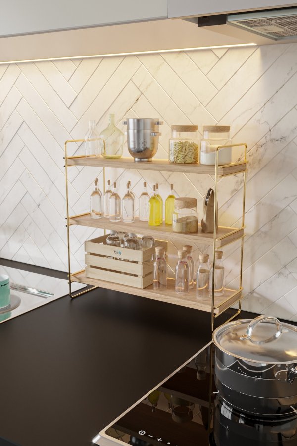 FUNZI LIVING Masa reol, m. 3 hylder - brun tr og guld metal