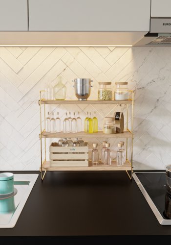 FUNZI LIVING Masa reol, m. 3 hylder - brun tr og guld metal