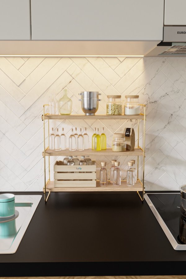 FUNZI LIVING Masa reol, m. 3 hylder - brun tr og guld metal