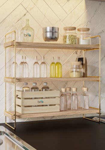 FUNZI LIVING Masa reol, m. 3 hylder - brun tr og guld metal