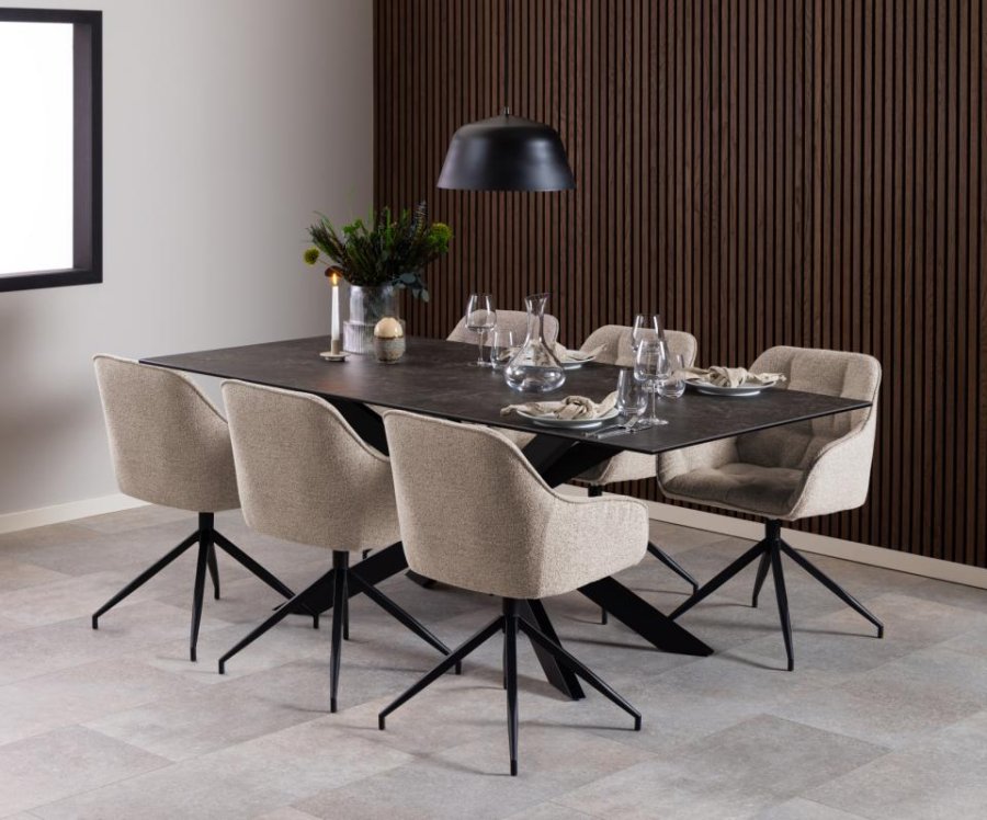 ACT NORDIC Brooke spisebordsstol, m. armln, drejefunktion, syninger - beige stof og sort stl