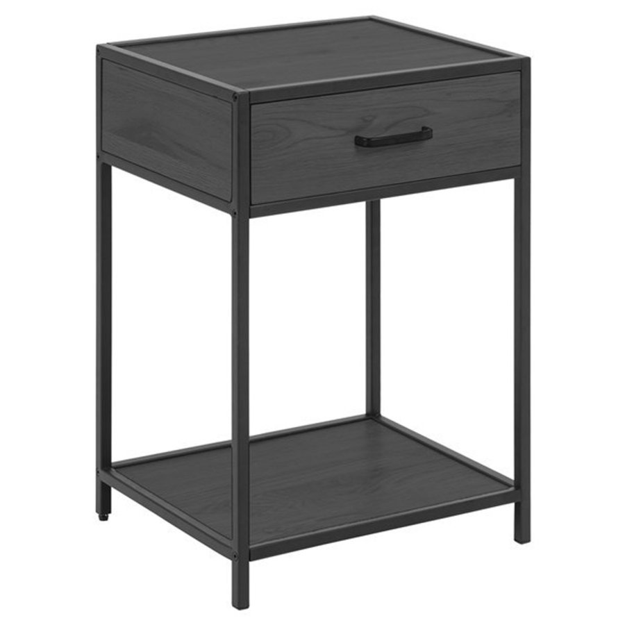 ACT NORDIC Seaford natbord, m. 1 hylde og 1 skuffe - sort melaminask og metal (42x35)