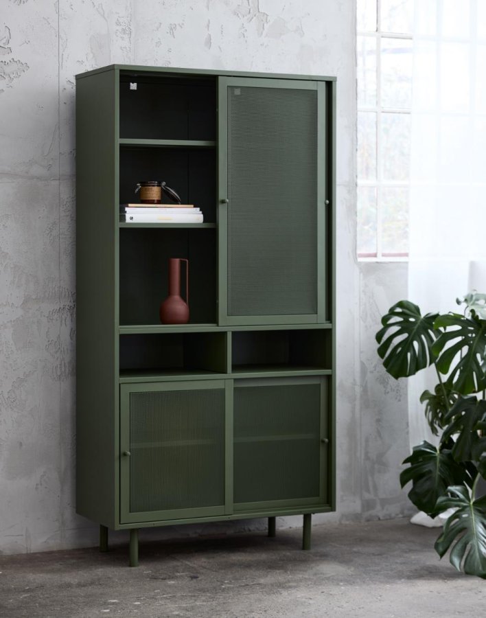   Veep skab, m. 4 skydelger og hylder - olivengrn metal (H:180)