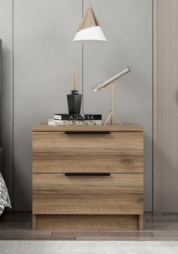 FUNZI LIVING Plus 7911 sengebord, m. 2 skuffer - valnddefarvet melamin (54x47)