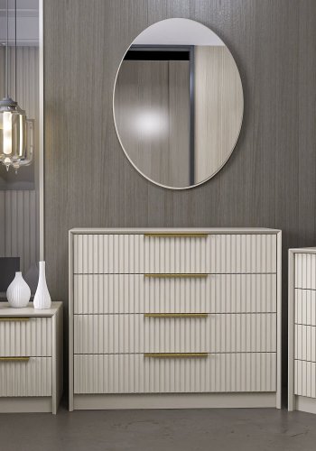 FUNZI LIVING Luxe 7940 kommode og ovalt vgspejl, m. 4 skuffer - spejlglas og stone melamin