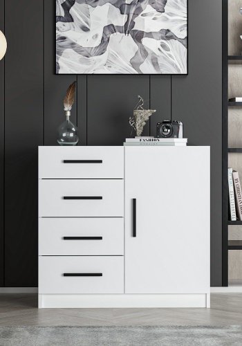 FUNZI LIVING 7901 kommode, m. 1 lge, 2 hylder og 4 skuffer - hvid melamin