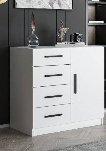 FUNZI LIVING 7901 kommode, m. 1 lge, 2 hylder og 4 skuffer - hvid melamin