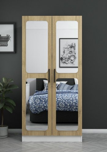 FUNZI LIVING 190 garderobeskab, m. 2 spejllger, 1 hylde, 2 bjlestnger - valnddefarvet og hvid